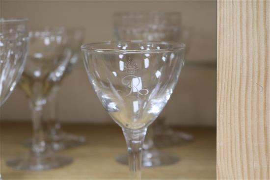 A set of six glasses with R and crown crest and three other glasses